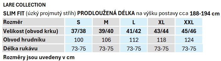 Tabulka velikostí LARE Slim PRodloužená